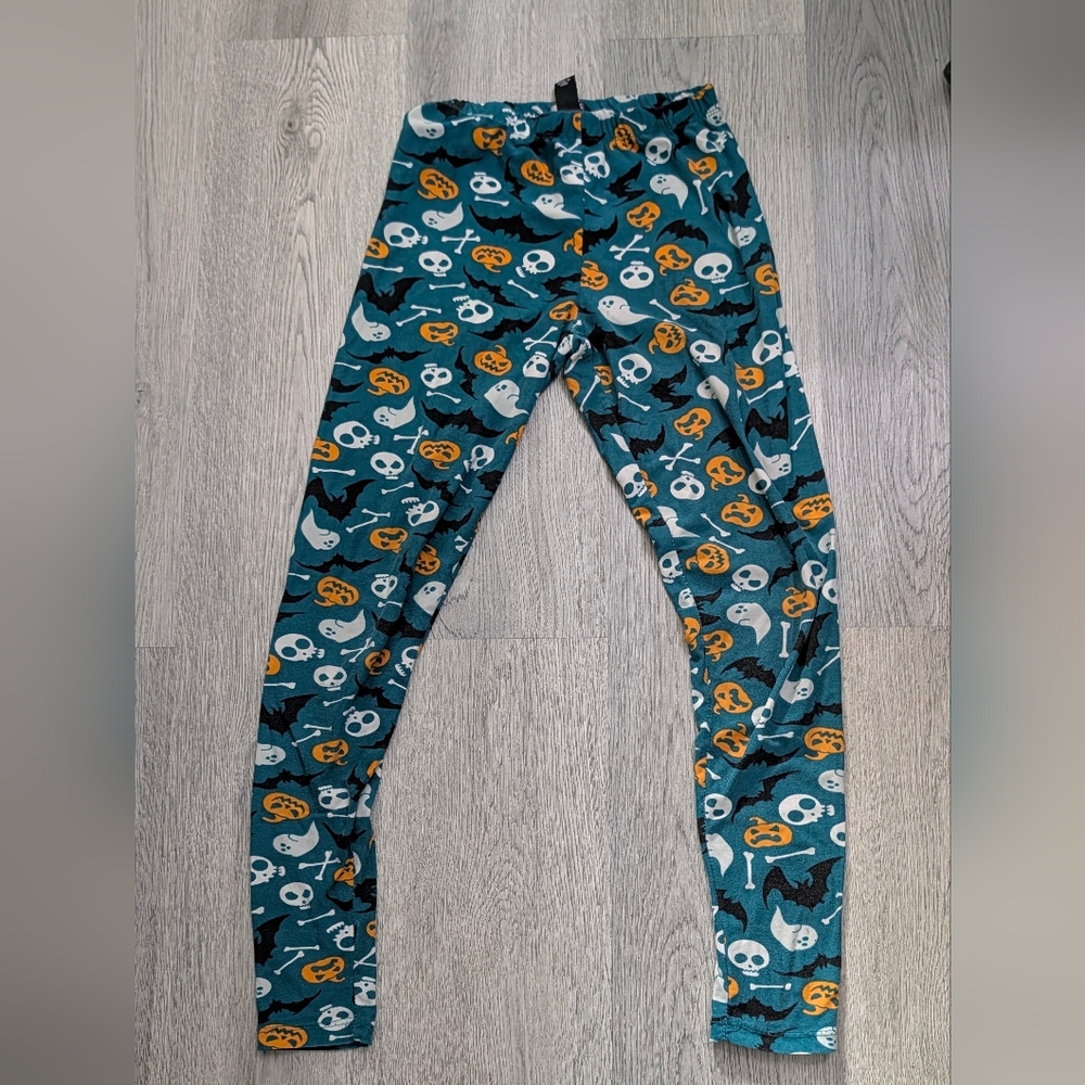 Streetwear Society Halloween Leggings Teal Skull Ghost Bat Pumpkin AOP Small